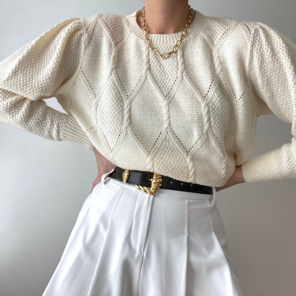 Vintage Ivory Puff Sleeve Knit Pullover